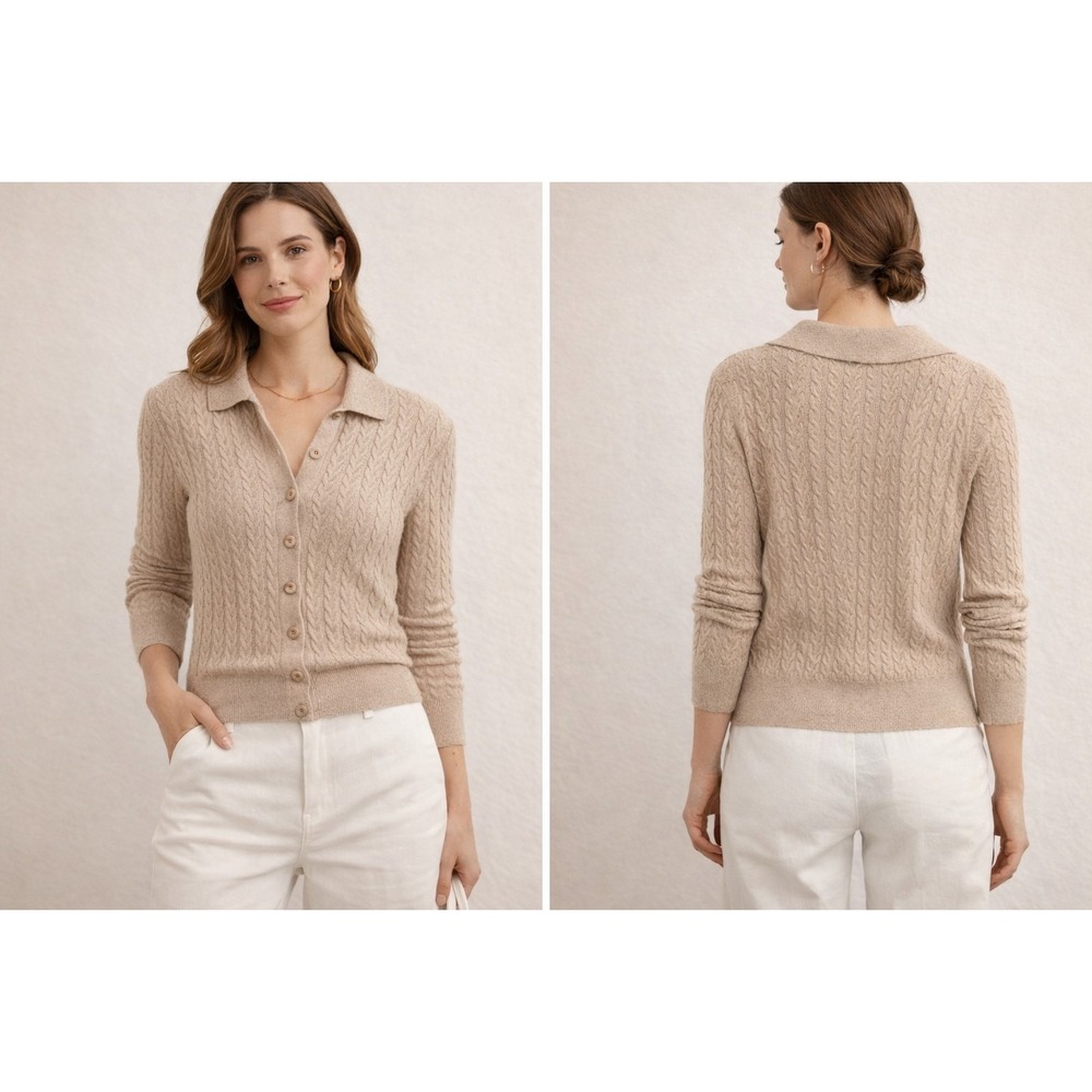 Spartina 449 Cable knit Oatmeal Sweater Cardigan L Cottagecore Quiet Luxury - Picture 7 of 7